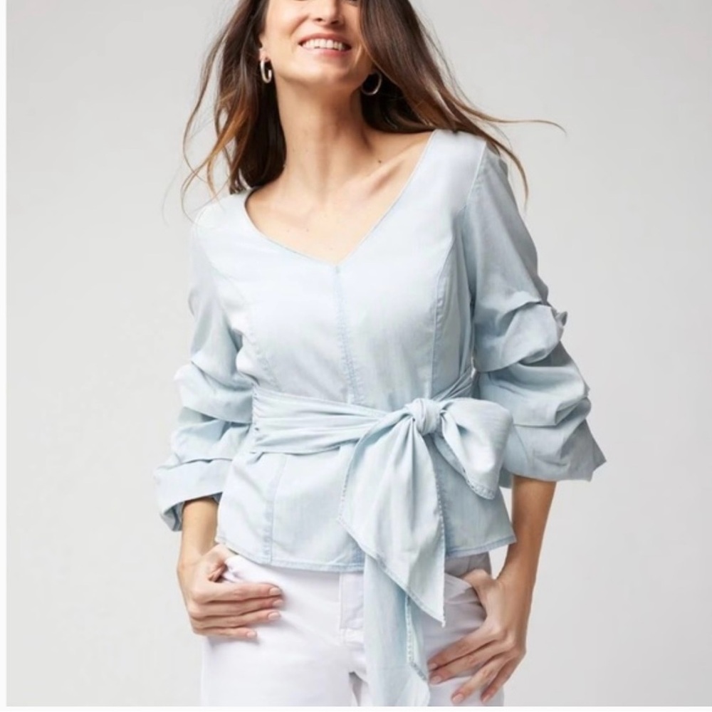 White House Black Market Light Blue Denim Ruffle Sleeve Blouse
